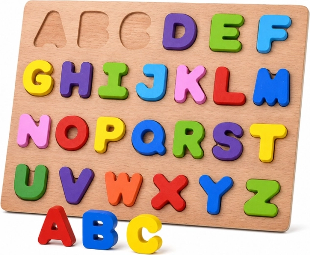Drewniane puzzle alfabet – kolorowe literki (26 elementów)