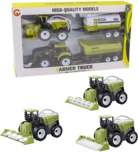 Zestaw pojazdów rolniczych: kombajn i traktor z przyczepami