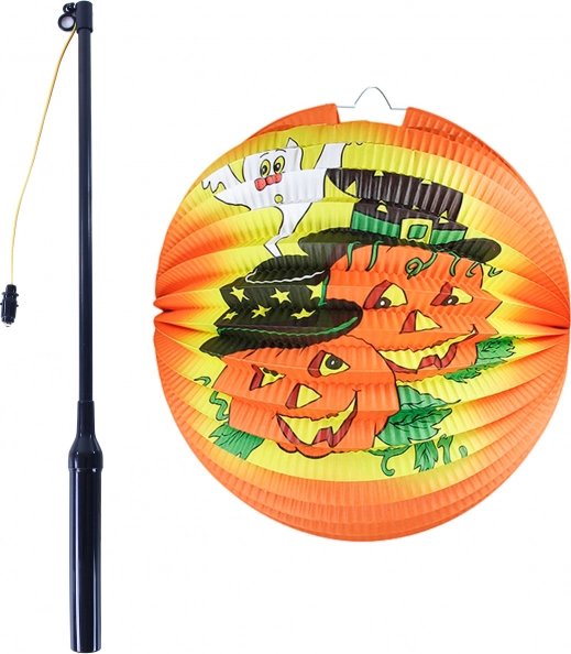 Lampion halloweenowy wesoła dynia 25 cm ze świecącą pałeczką 40 cm