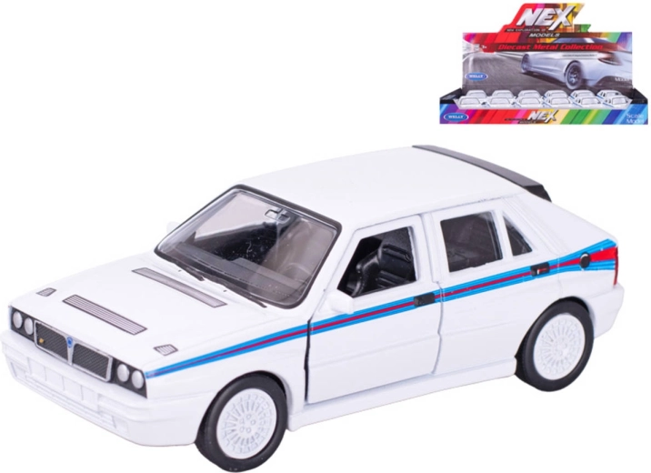 Model samochodu Welly Lancia Delta HF Martini z napędem wstecznym biały 11,5 cm