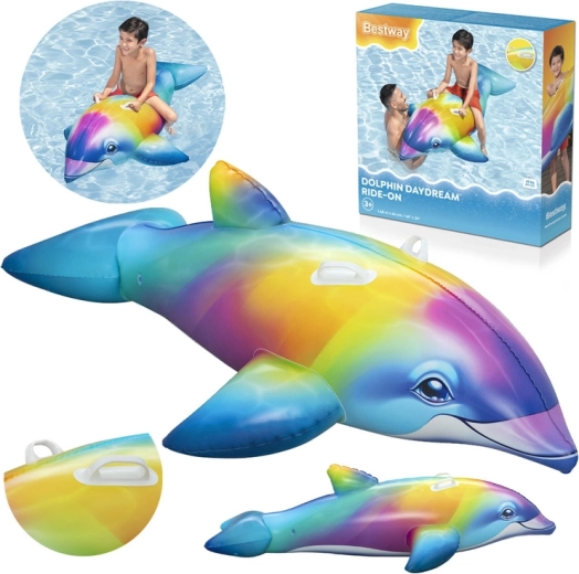Bestway dmuchany delfin do pływania, wielokolorowy, 168 × 66 cm