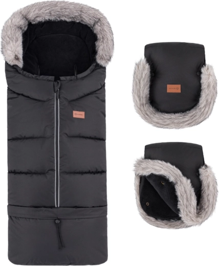 Petite&Mars zestaw zimowy: śpiworek Arctic 4w1 + rękawice do wózka Furry forever black