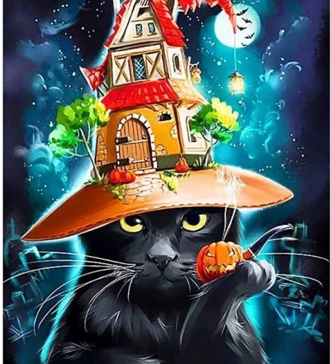 Malowanie po numerach Kot w halloweenowej czapce 40 × 50 cm