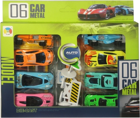 Metalowe autka z matą do zabawy, 8 szt.