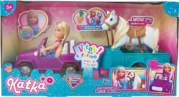 Lalka farmerka z autem i przyczepą dla koni