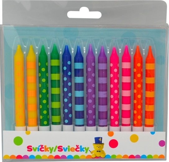 Świeczki urodzinowe 8 cm w kropki i paski, 12 szt.