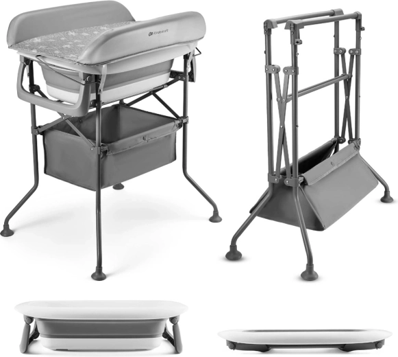 Kinderkraft przewijak ze zintegrowaną wanienką Bubbly Grey – składany przewijak i wanienka dla dzieci