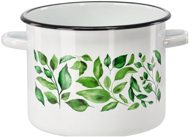 Emaliowany garnek 5,5 l 22 cm biały z motywem Fikus