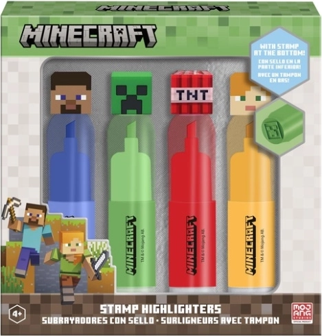 Minecraft – zestaw 4 zakreślaczy z topperem 3D i pieczątką