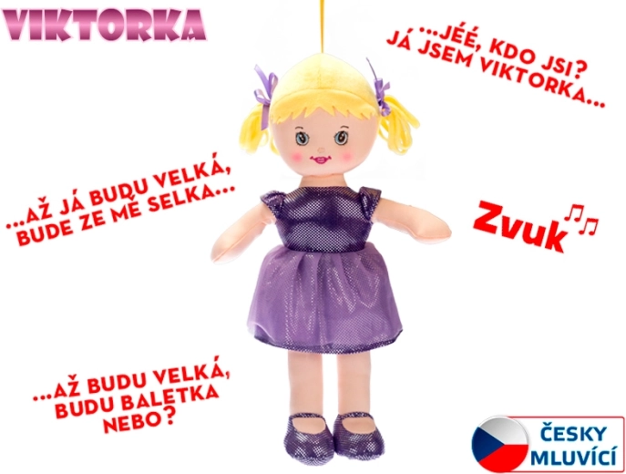 Laleczka szmaciana Viktorka mówiąca, 32 cm, fioletowa