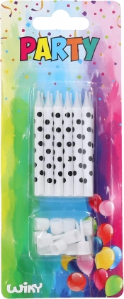 Świeczki w czarne kropki ze stojaczkami 12 szt.