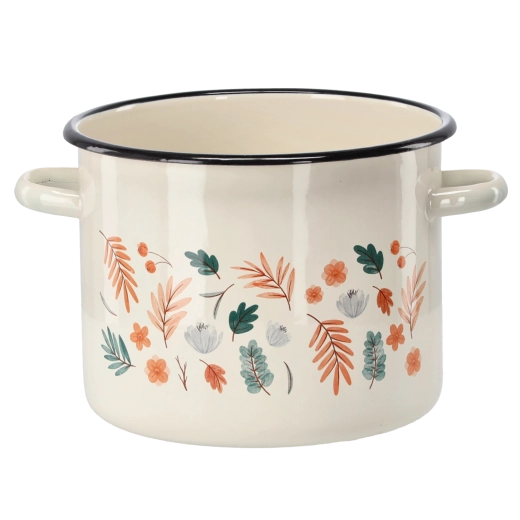 Emaliowany garnek 5,5 l, średnica 22 cm, kremowy z motywem liści