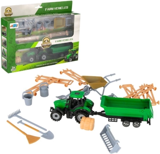 Traktor z przyczepą i akcesoriami farmerskimi