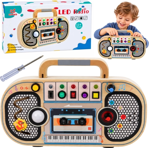 Drewniane interaktywne radio sensoryczne ze światłami LED i dźwiękami