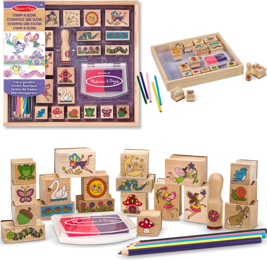 Zestaw kreatywny Melissa & Doug drewniane pieczątki Ogród wróżek (20 motywów, tusz i kredki)