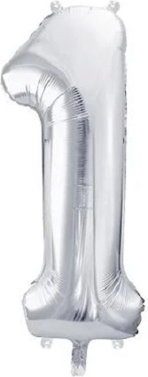 Srebrny foliowy balon w kształcie cyfry 1, 86 cm