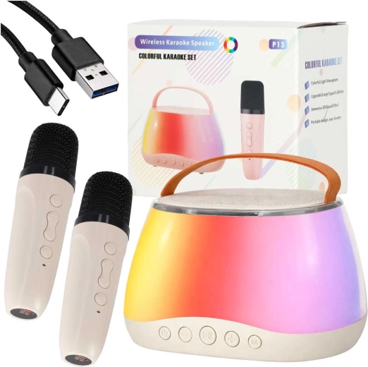 Zestaw karaoke z głośnikiem Bluetooth, diodami LED RGB i dwoma bezprzewodowymi mikrofonami