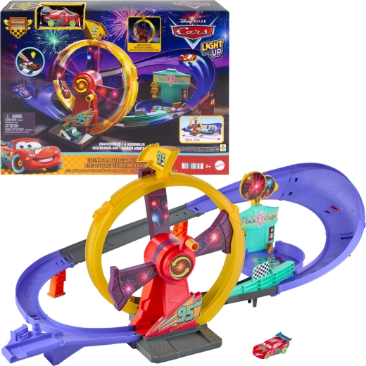 Mattel Disney Pixar Auta – tor wyścigowy „Pożegnalne świętowanie” ze świecącym Zygzakiem McQueenem