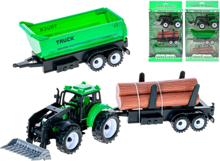 Zielony traktor z przednim ładowaczem i 2 wymiennymi przyczepami na napęd cierny