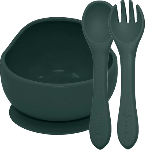 Silikonowy zestaw do karmienia z przyssawką Misty Green (miska + sztućce) 6m+