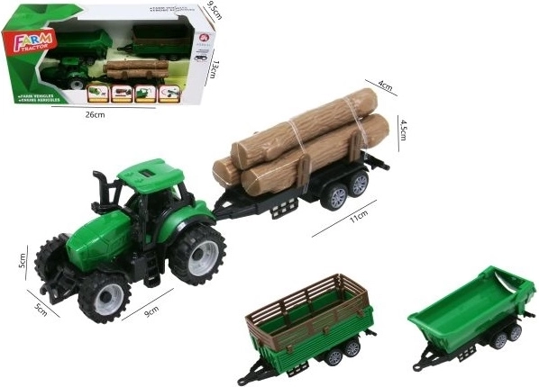 Zielony traktor z 3 przyczepami 18 cm