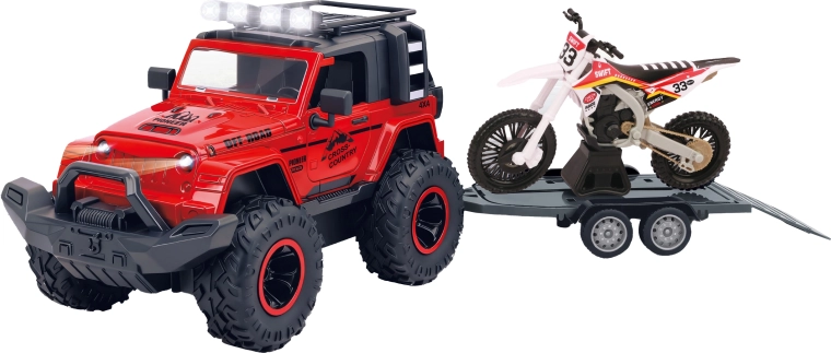 Auto terenowe z przyczepą i motocyklem z efektami świetlnymi i dźwiękowymi 43 cm