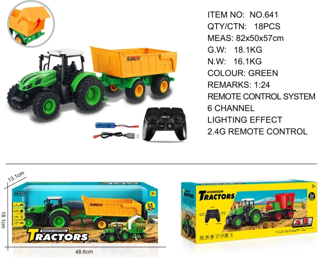 Traktor zdalnie sterowany z otwieraną żółtą przyczepą 1:24