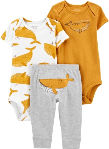 3-częściowy zestaw Carter’s dla chłopca – 2× body z krótkim rękawem i spodnie dresowe Mustard Whale, roz. 56 (NB)