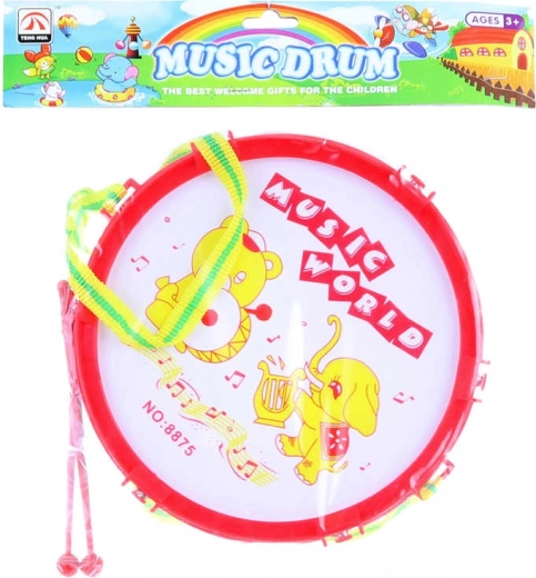 Dziecięcy bębenek ze zwierzątkami 19 cm z 2 pałeczkami