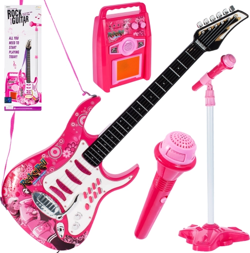 Różowa gitara z wzmacniaczem i mikrofonem