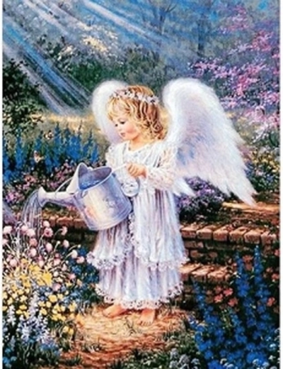 Malowanie diamentowe Anioł z konewką w ogrodzie 30 × 40 cm