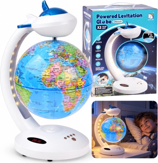 Lewitujący globus 4w1 z obrotem 360° (lampka LED, głośnik Bluetooth, zegar)