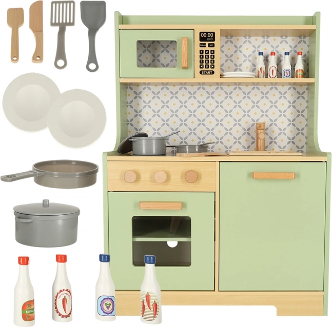 Drewniana kuchnia dziecięca w kolorze miętowym