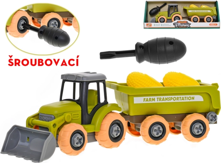 Traktor ze śrubowym mechanizmem z przyczepą i kukurydzą 28 cm