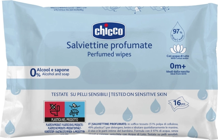 Chicco chusteczki nawilżane dla dzieci, delikatnie perfumowane, do torebki 16 szt.
