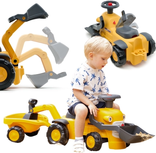 Jeździk FALK KOMATSU z przednią łyżką, tylną koparką i przyczepą