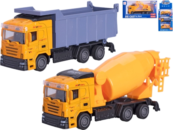 Metalowy model pojazdu budowlanego 1:50 z napędem typu pull-back, mix typów