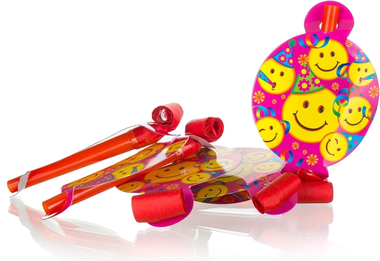 Imprezowe trąbki z uśmiechami i balonikami, 6 szt.