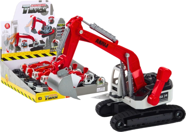 Metalowa koparka gąsienicowa czerwono-biała z łyżką