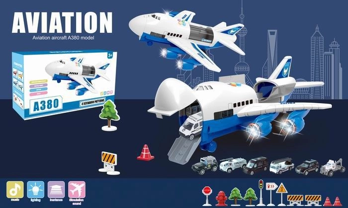 Samolot A380 z radiowozami policyjnymi oraz efektami świetlnymi i dźwiękowymi