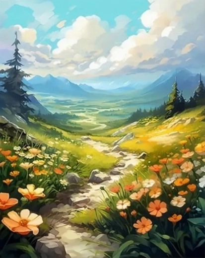 Diamentowe malowanie Kwiatowa górska ścieżka 30 × 40 cm
