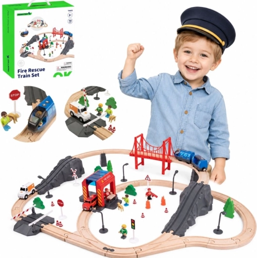 Tooky Toy drewniana elektryczna kolejka z remizą strażacką i efektami dźwiękowymi, 70 elementów, FSC