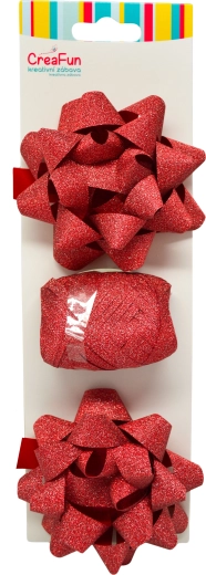 Błyszczący czerwony zestaw do pakowania prezentów ze wstążką i kokardami w kształcie gwiazdy