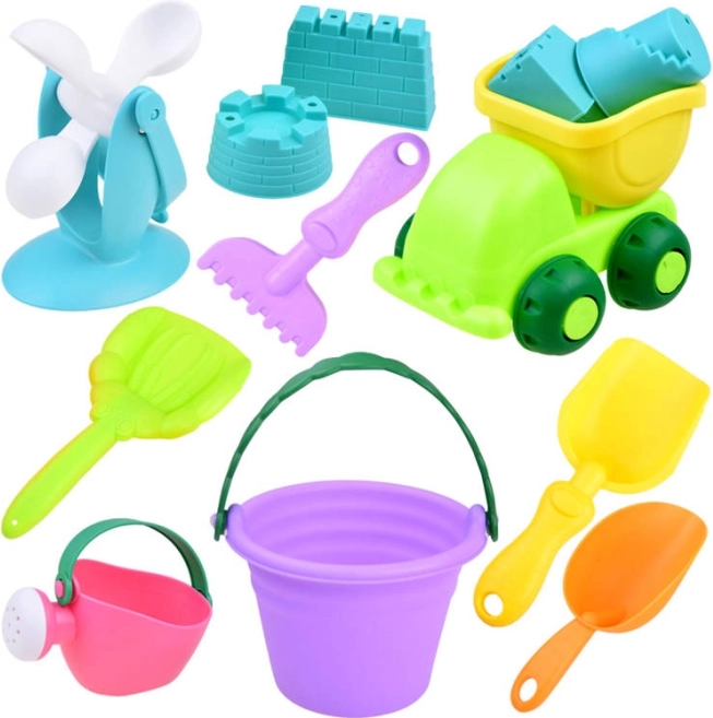 Zestaw zabawek do piasku z kolorowym wiaderkiem i autkiem