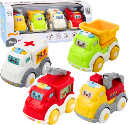 Miejskie autka dla małych dzieci z mechanicznym napędem, światłami i dźwiękami – zestaw 4 pojazdów