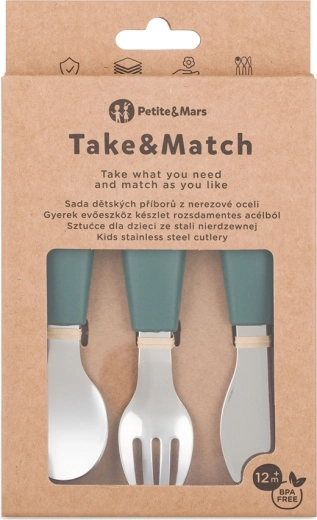 Petite&Mars zestaw dziecięcych sztućców ze stali nierdzewnej Take&Match Misty Green 12m+