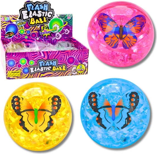 świecąca skacząca piłeczka z konfetti i motylem 9 cm
