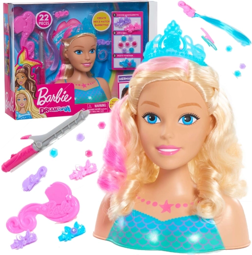 Outletowa głowa syrenki Barbie Dreamtopia do czesania i stylizacji z akcesoriami
