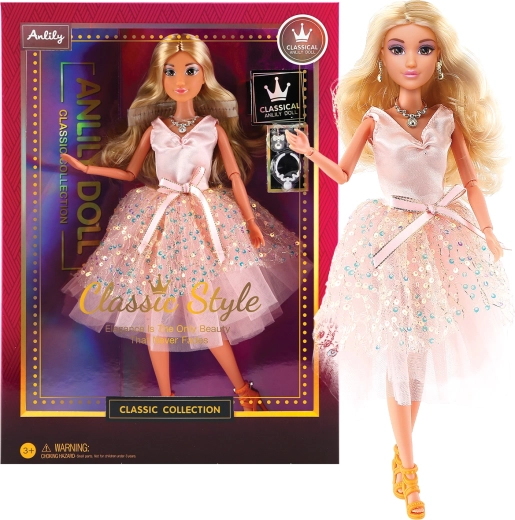 Modna lalka w jasnoróżowej sukience koktajlowej