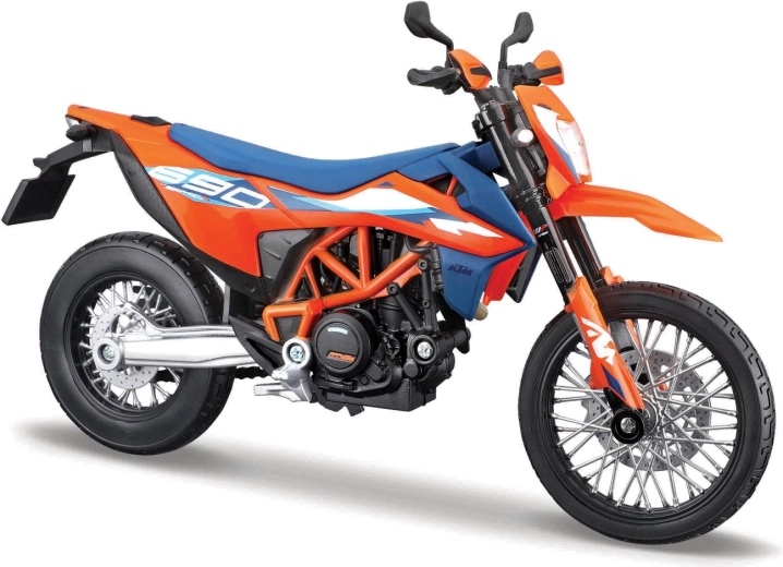 Maisto model motocykla 1:12 KTM 690 SMC R (2023) ze stojakiem – pomarańczowo‑niebieski
